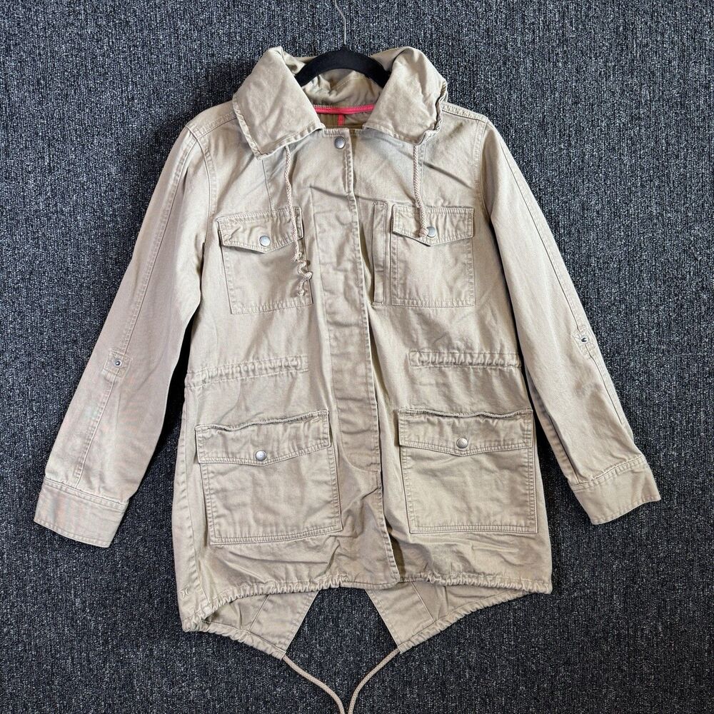 Hurley Women's‎ Cotton Utility Field Jacket Sz Small Tan Khaki Cargo Hidden Hood